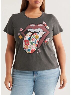 Lucky Rolling Stones Floral Embroidered Hot Lips Crew Tee